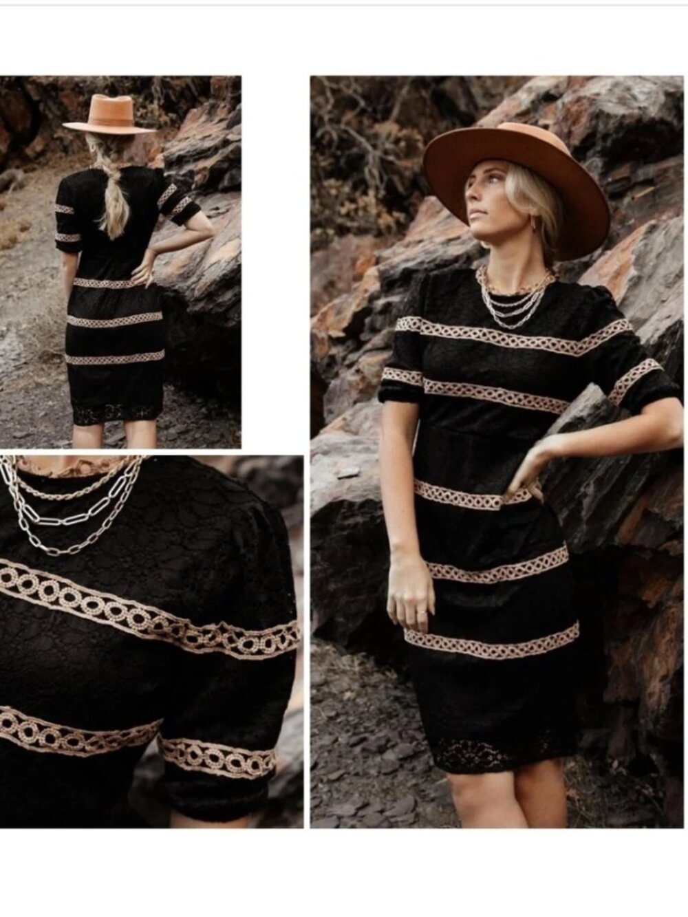 Bohme Darian Crochet Lace Sheath Knee-Length Dress Black Tan Women's Small